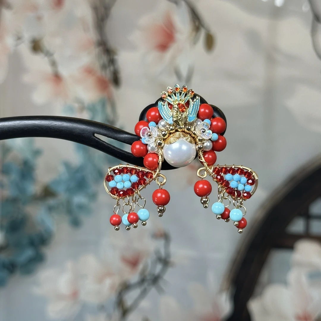 F058长安天然黑檀发簪手工复古红色古风日常民族风