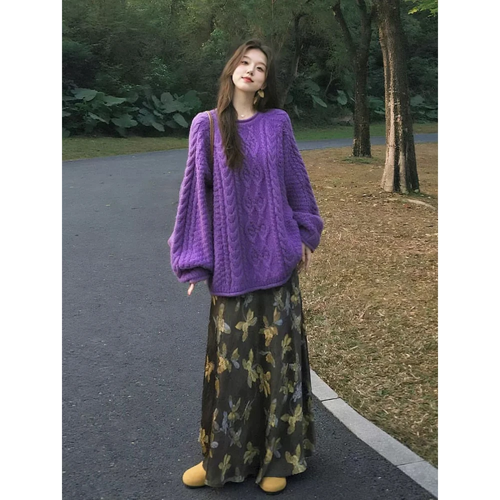 慵懒风紫色麻花长袖针织毛衣女2025早秋季韩系上衣碎花半身裙套装
