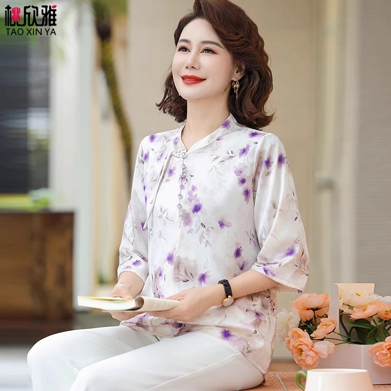 中老年女装国风短袖套装2025夏装新款中年妈妈新中式上衣小衫洋气