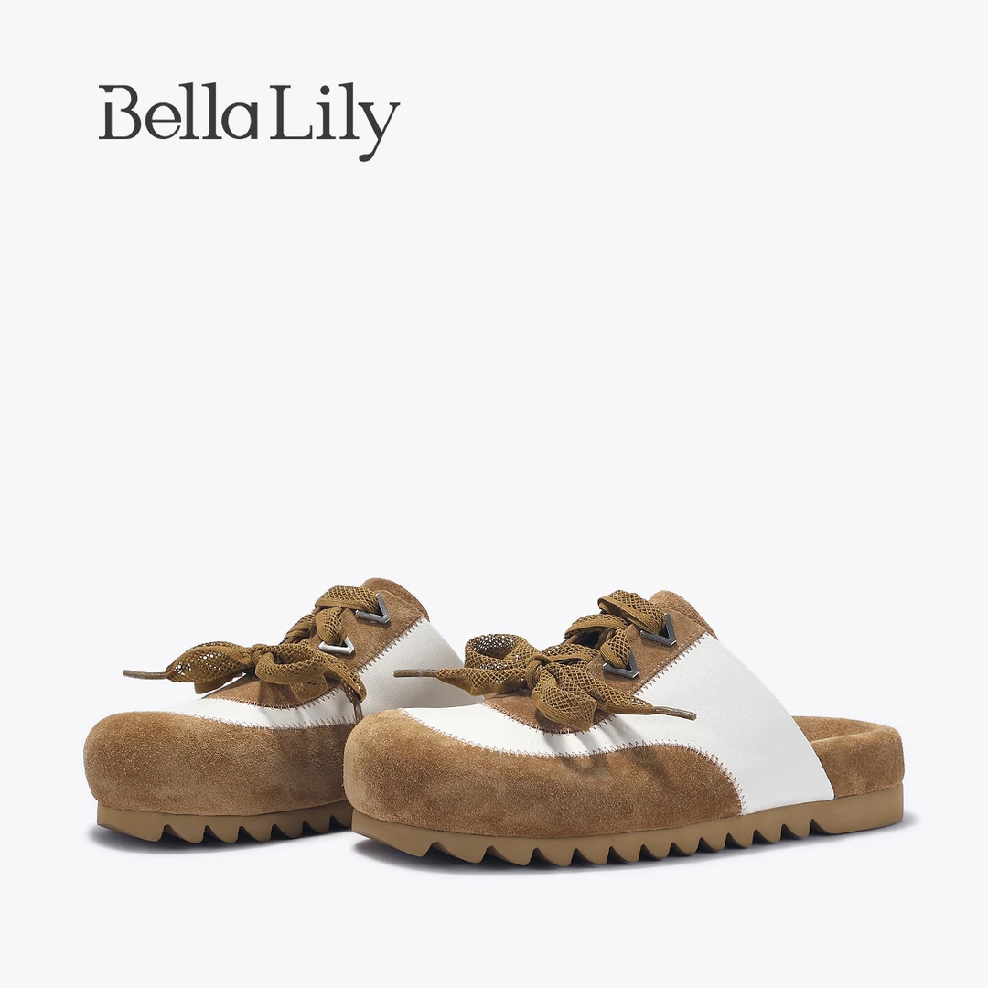BellaLily2025春季厚底拼色半包拖鞋女复古休闲鞋软底ins勃肯拖鞋