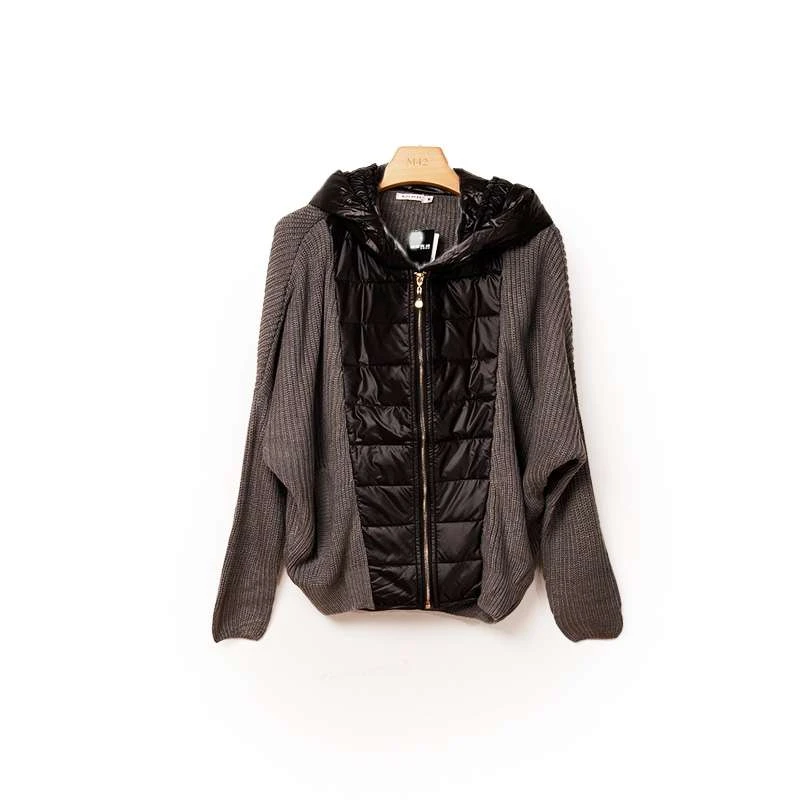 S4QO61052#秋冬款女装连帽时尚夹棉拼接蝙蝠袖女针织衫外套上衣