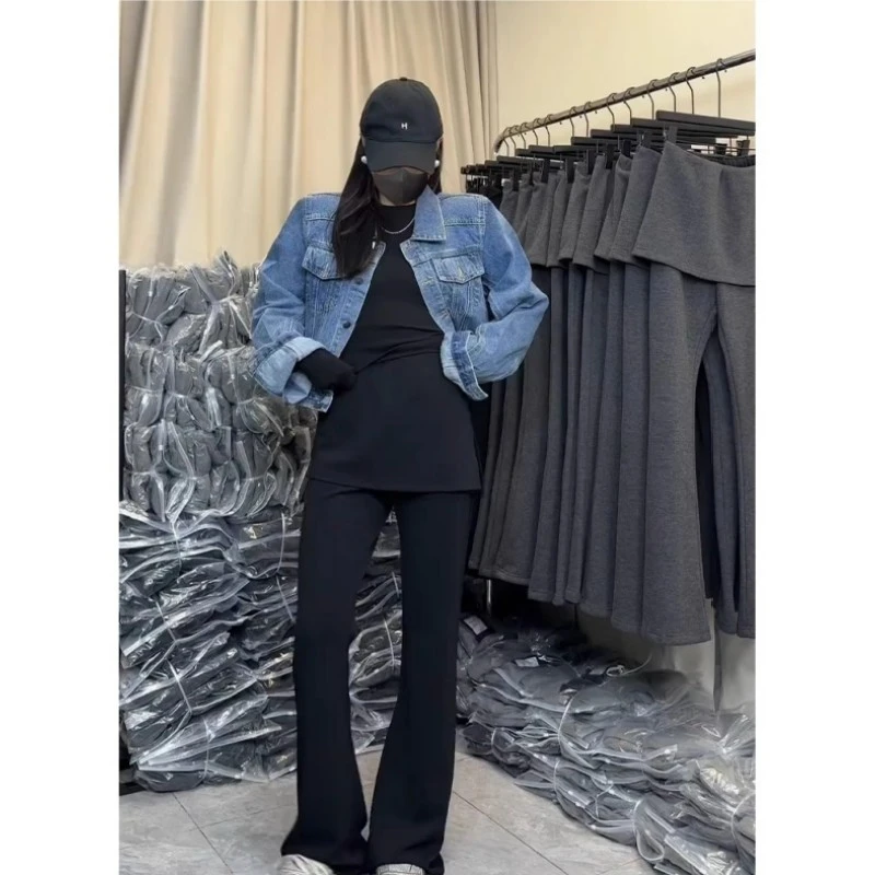 秋冬加绒韩国东大门假两件屁帘微喇叭裤女2025梨形身材显瘦休闲裤