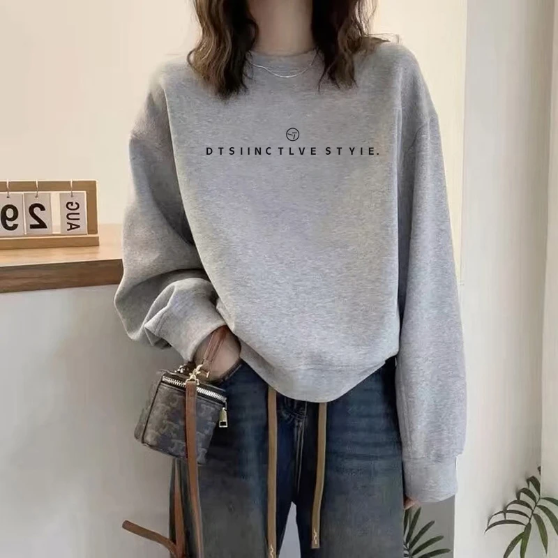 圆领套头打底衫加绒加厚卫衣女2025秋冬新款宽松韩版外套春秋薄款