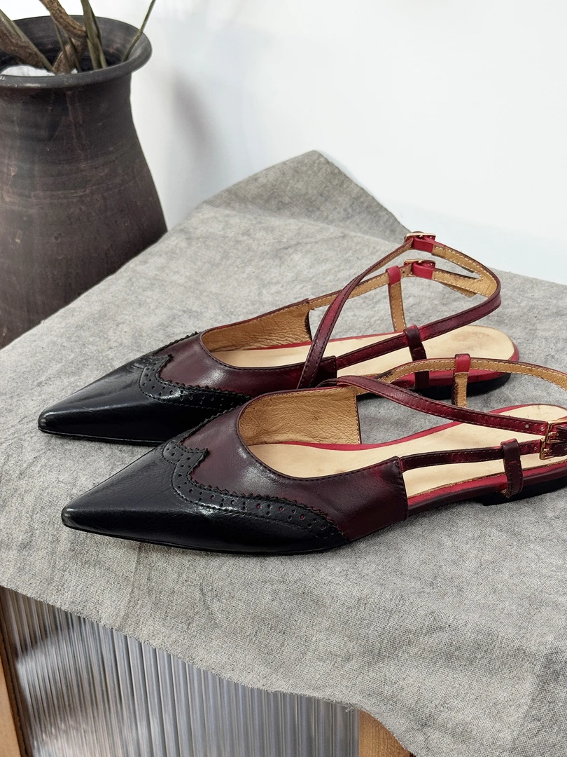 胎牛皮尖头拼色平底女士凉拖鞋休闲真皮粗跟浅口法式复古女鞋