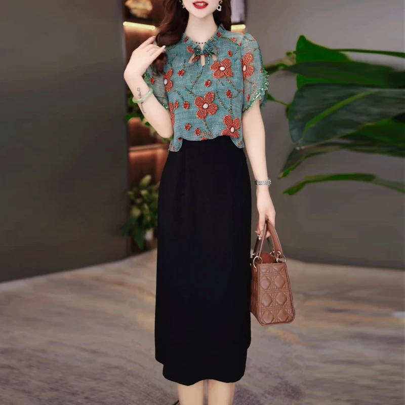新中式复古短袖连衣裙女2025年夏季新款妈妈假两件花色遮肉裙子