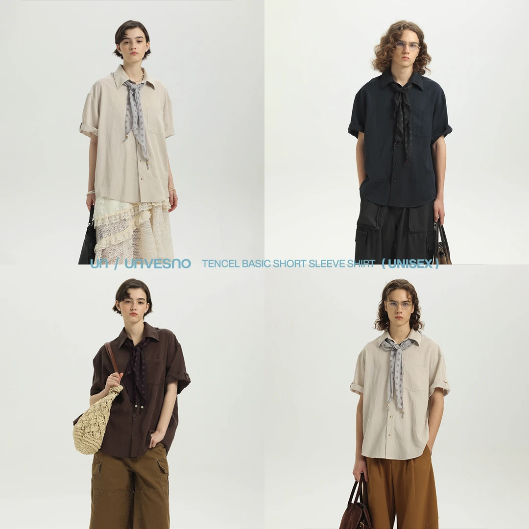 Unvesno(UNG)【送丝巾】老钱折袖可拆卸丝巾复古宽松透气短袖衬衫