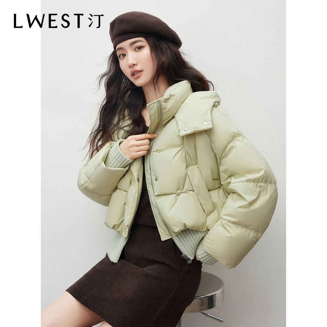 Z朗文斯汀绿色短款羽绒服女2025冬季新款针织拼接设计感连帽外套