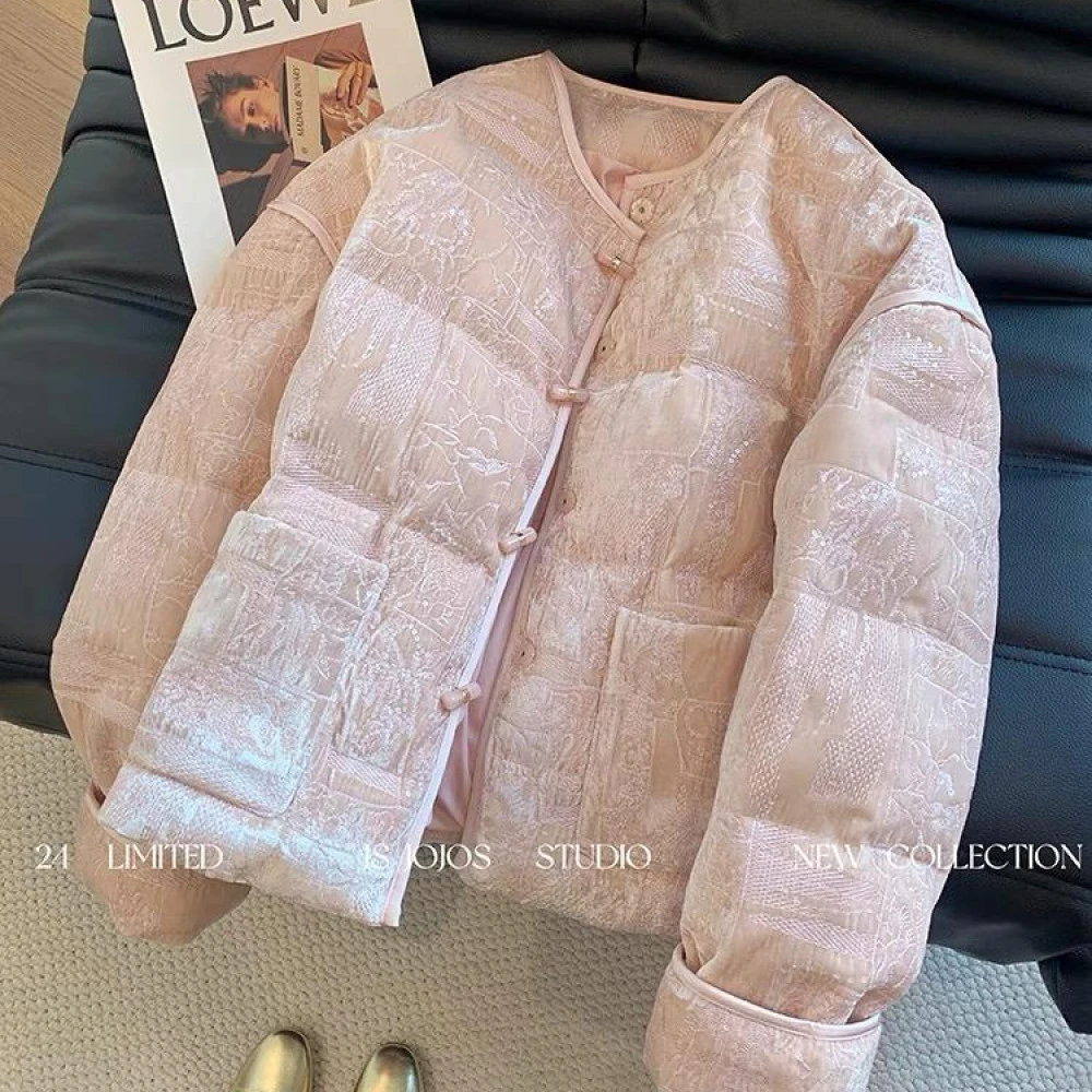 粉色新中式刺绣国风棉服女2025冬季新款高级感加厚圆领棉衣外套潮