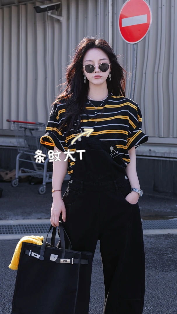 SISTER姐妹家【回头率爆棚】复古显瘦条纹撞色大T牛仔黑色背带裤