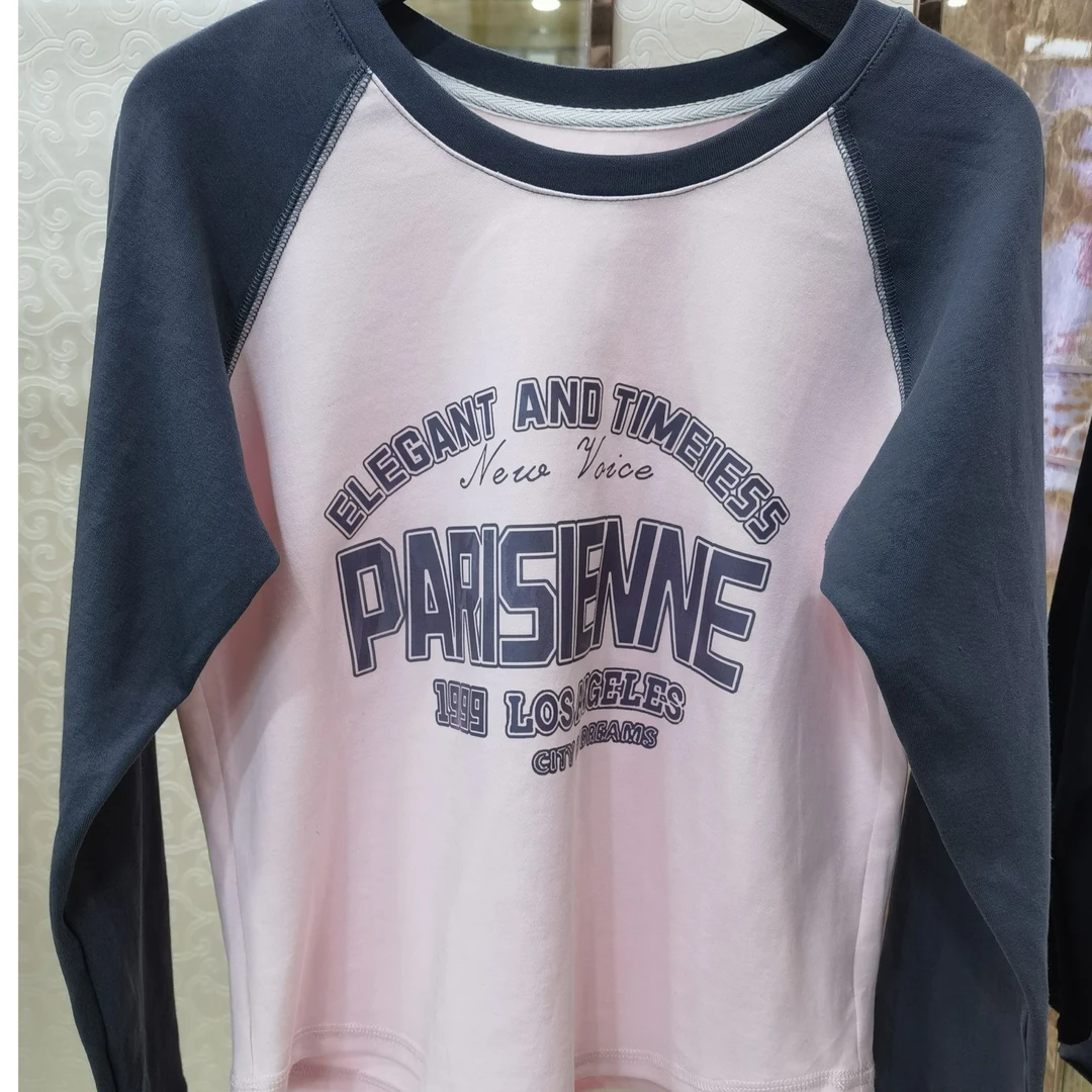 常规纯色春秋休闲数字T恤拼接长袖印花套头新潮风