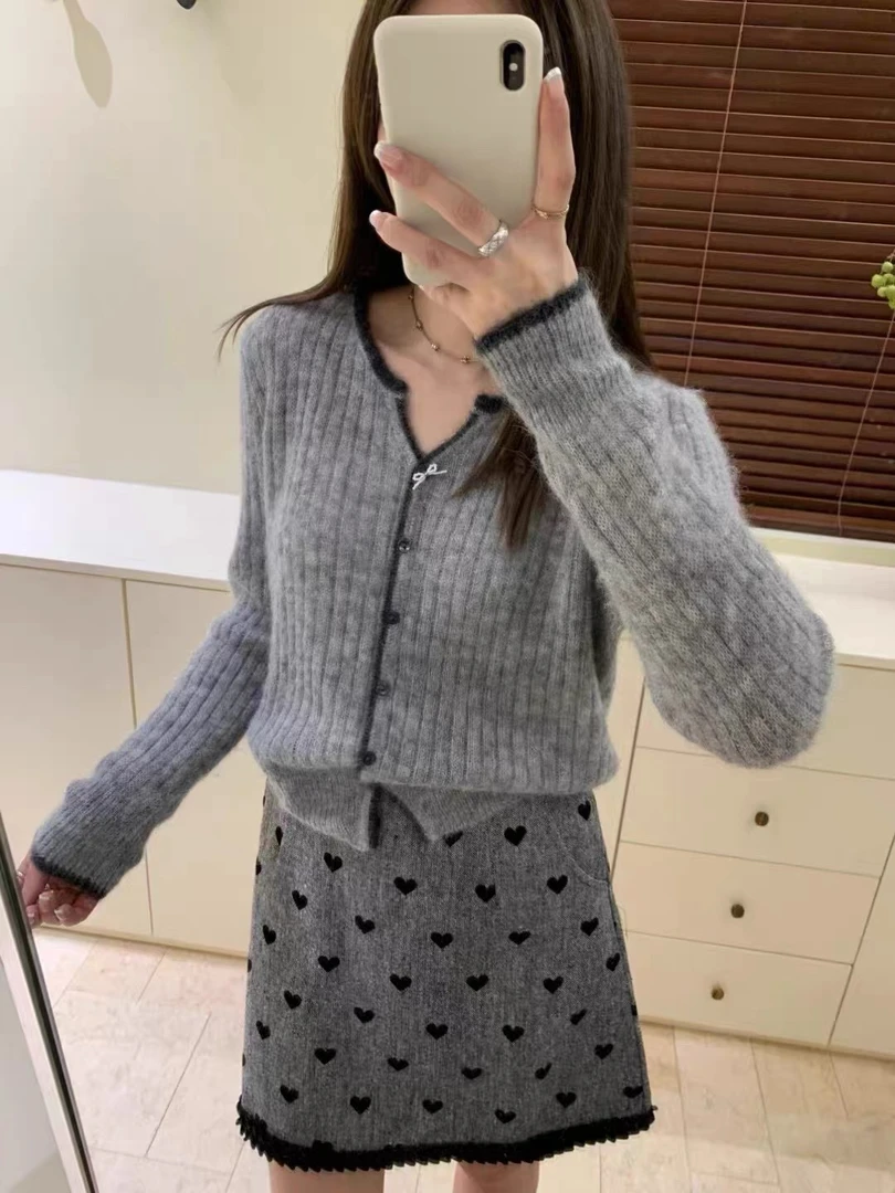 【格雷灰色】坑条巨显瘦开衫女毛衣v领内搭拼色针织衫单穿上衣时尚