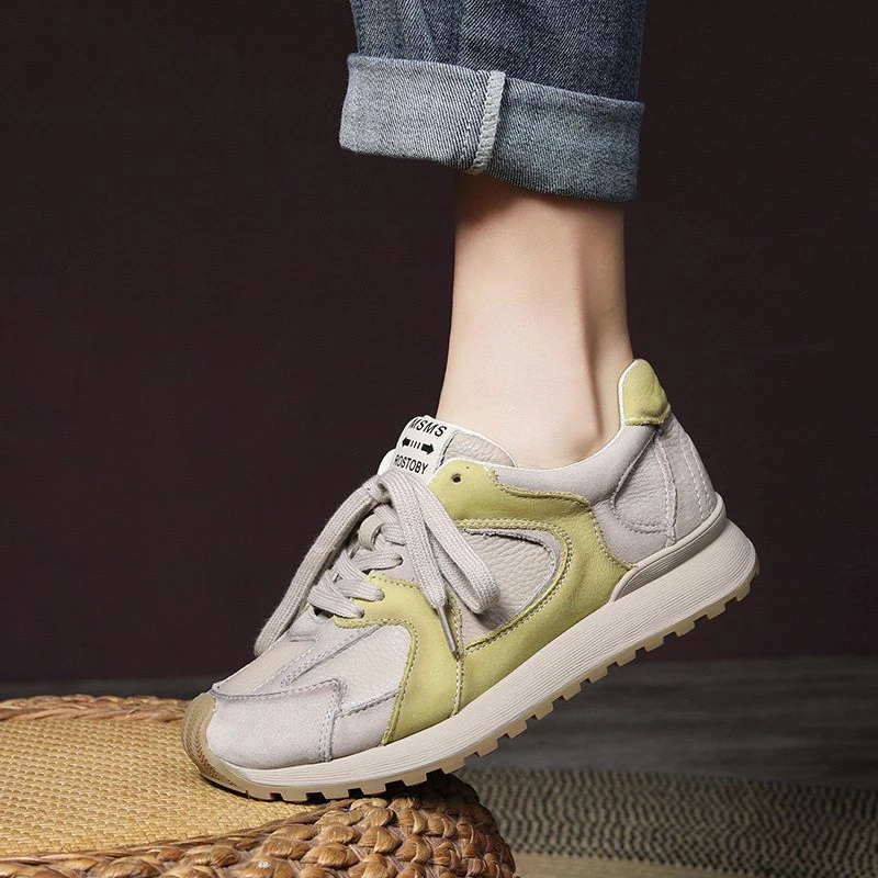1833秋季新款头层牛皮休闲运动风拼色系带坡跟真皮单鞋女百搭