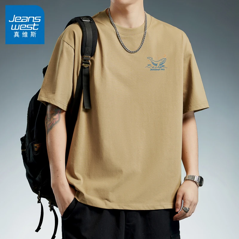 Jeanswest/真维斯男士短袖t恤夏季新款潮流印花纯棉宽松圆领上衣