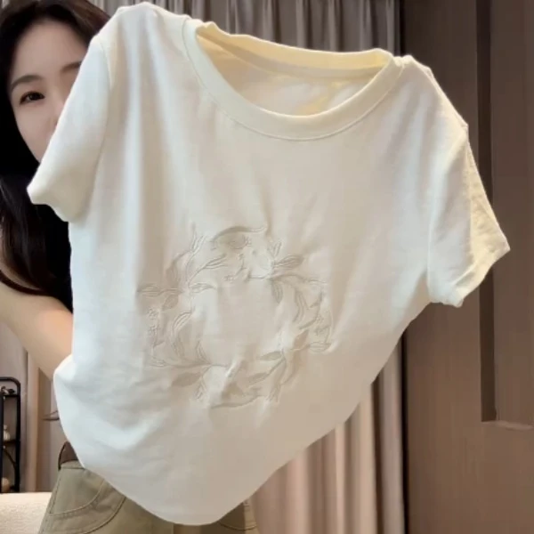 2026夏季新款圆领刺绣正肩修身显瘦时尚韩版百搭女短袖T恤上衣商品图
