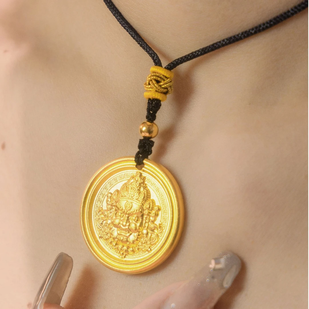 吊坠足银 吊坠银质感超棒实心圆牌双面黄财神吊坠女款手工时尚