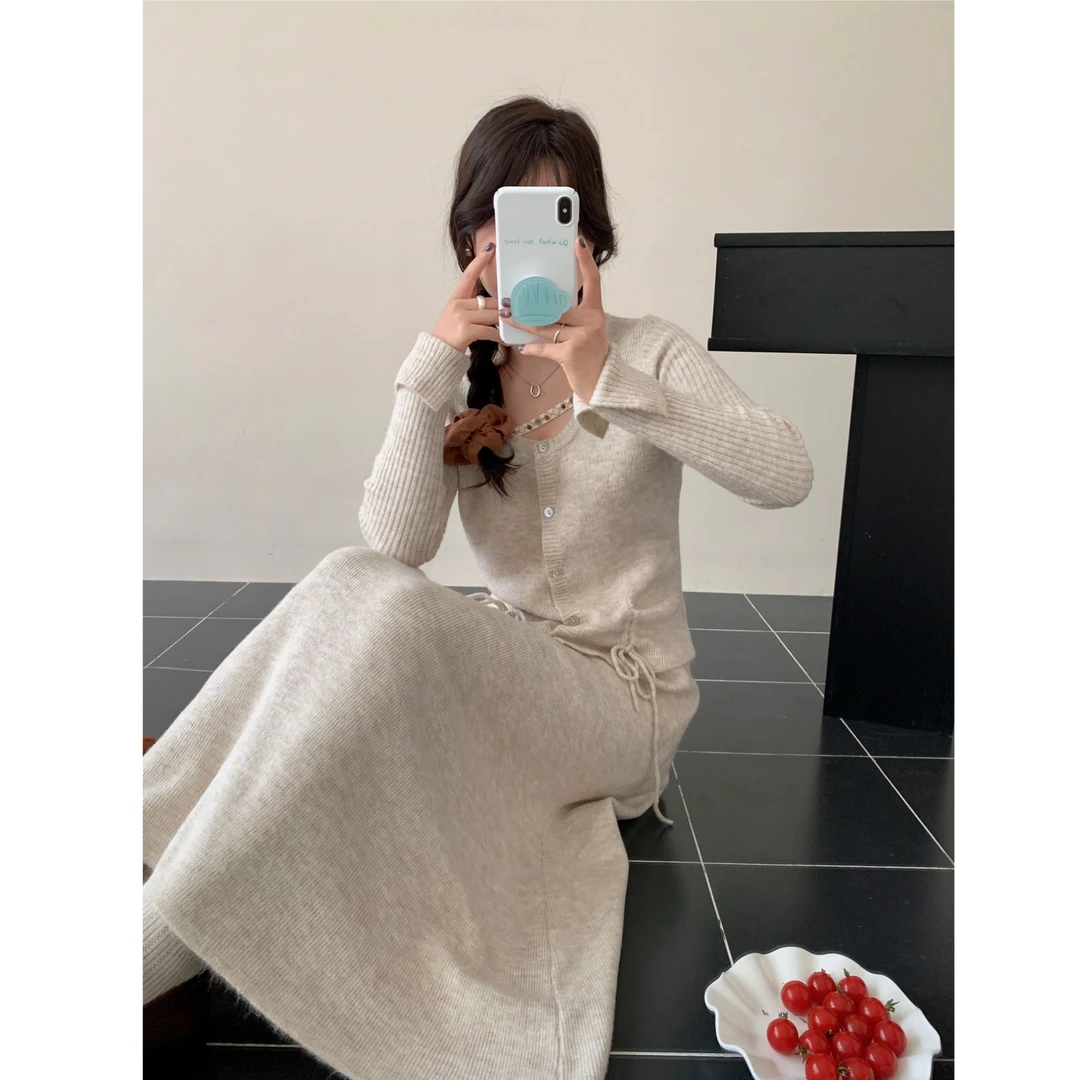 设计感抽绳长袖针织衫半身裙两件套女秋法式休闲时尚气质显瘦套装