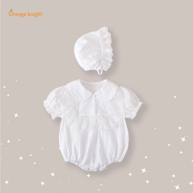 0 - 3岁新生儿宝宝夏季新款蕾丝花边短袖娃娃领连体衣爬服公主裙