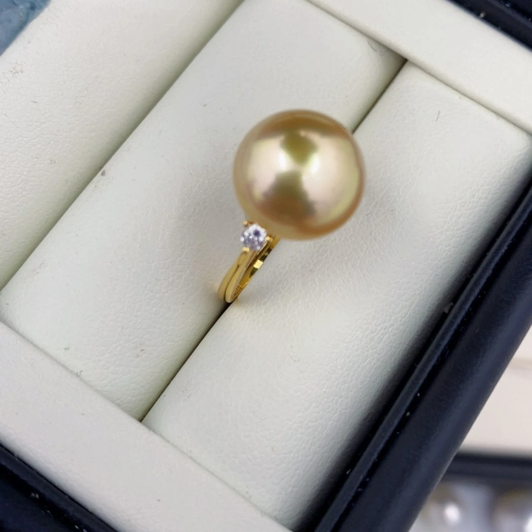 戒圈银S925镶嵌海水珍珠11-12mm南洋金珠戒指成品