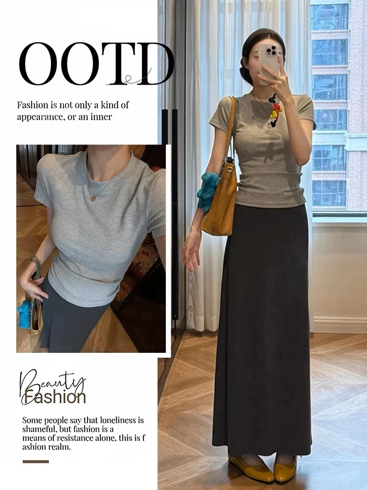 2025夏季新款简约灰色正肩短袖两件套高级感轻熟风长裙气质穿搭女