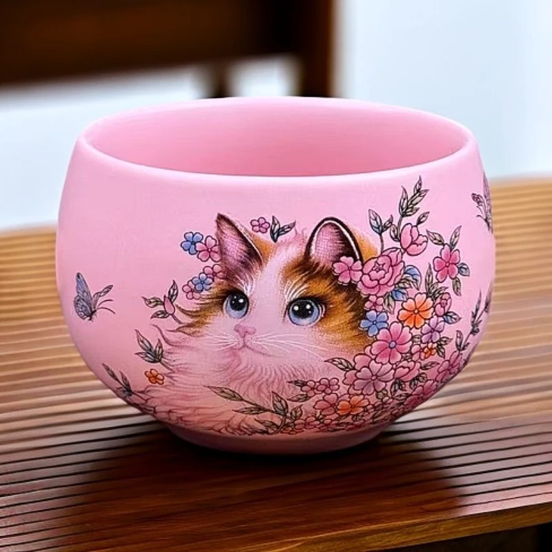 G3274-粉汝花朵猫禅定主人杯GR