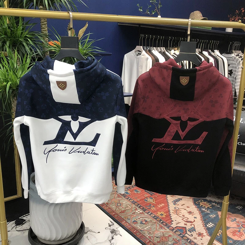 TS 333 冬季加绒撞色拼接刺绣字母连帽卫衣