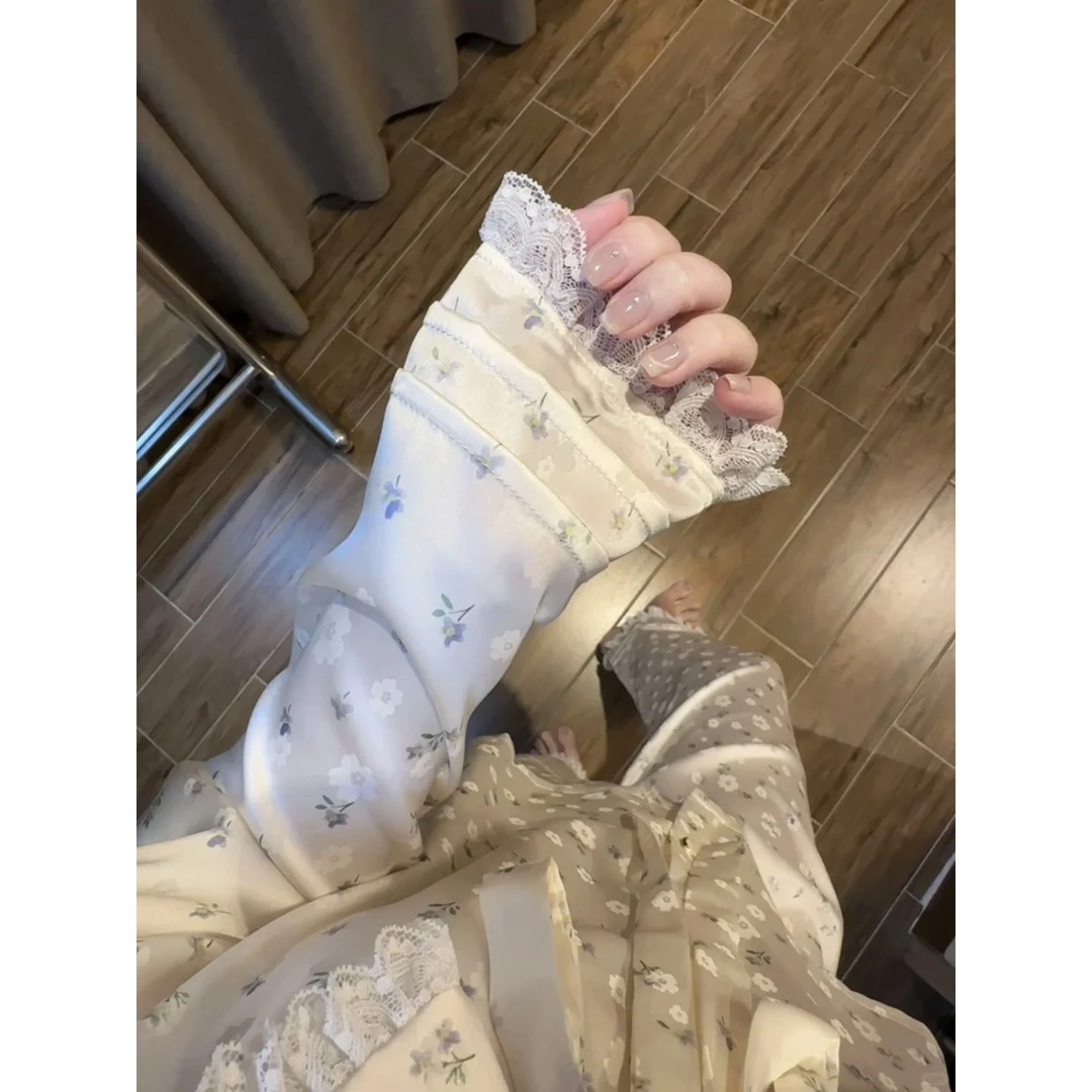 法式轻奢高级感碎花蕾丝边冰丝长袖睡衣女士春夏新款家居服套装