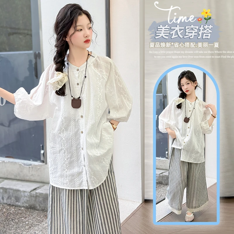 女童夏季套装2025新款6-12岁15岁中大童装休闲洋气时尚衬衫两件套