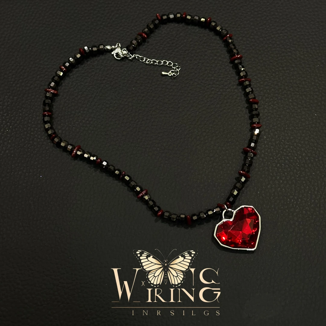 铜项链 王大嘴原创 “黑链红心”奢华手工串珠红心项链A440