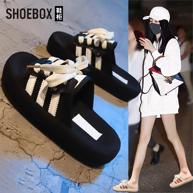 SHOEBOX鞋柜2025新款半拖鞋女夏外穿一字拖系带皮面一脚蹬女鞋