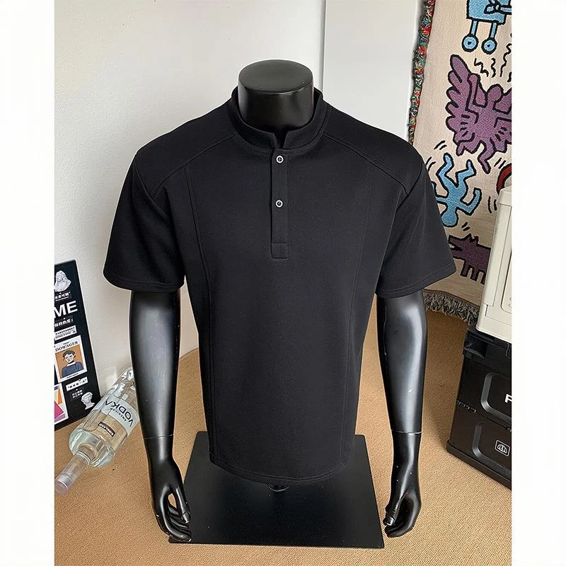 黑色解构拼接亨利领短袖男款夏季痞帅男装美式正肩t恤重磅POLO衫