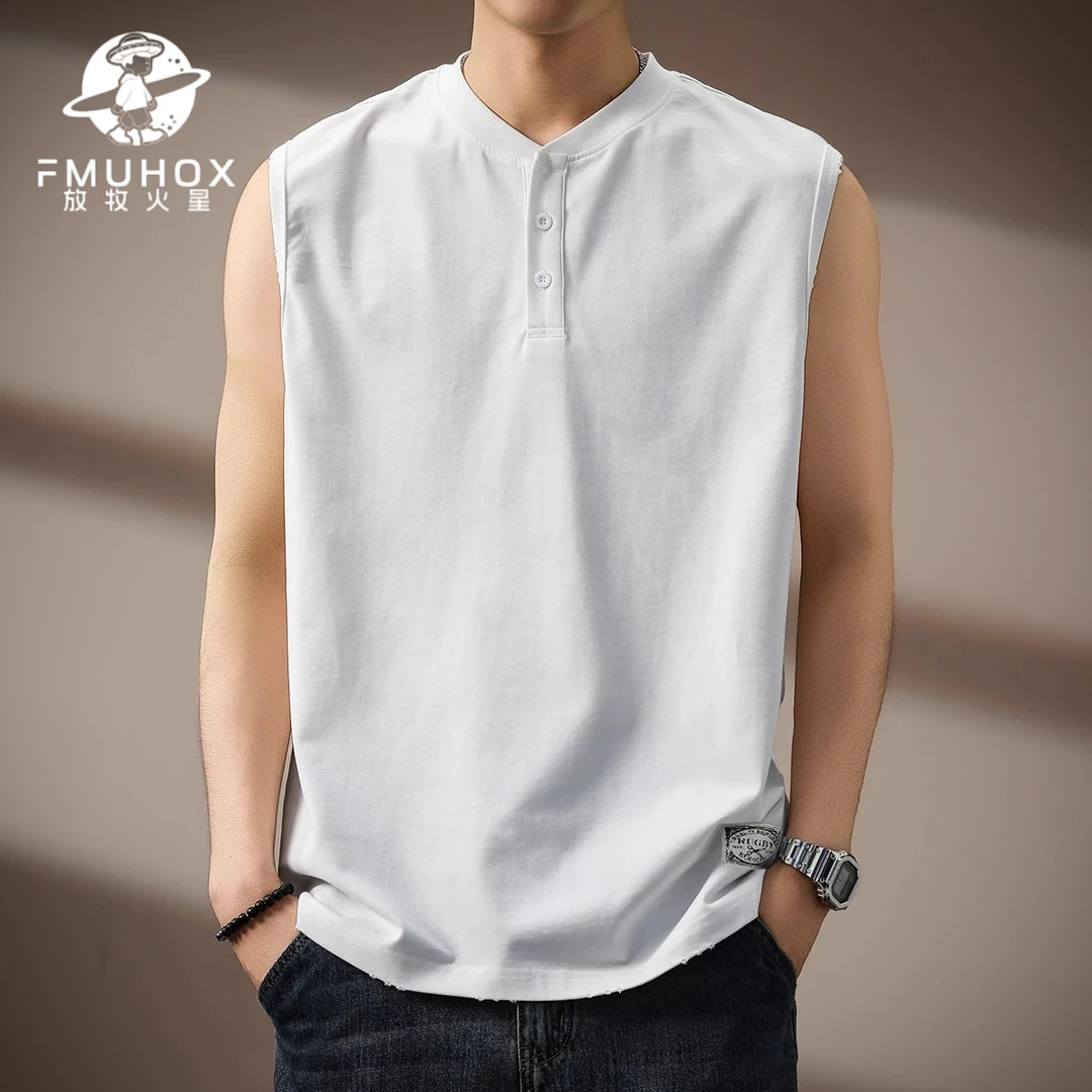 @放牧火星 高端美式重磅亨利领背心男夏季新款无袖T恤衫宽松坎肩