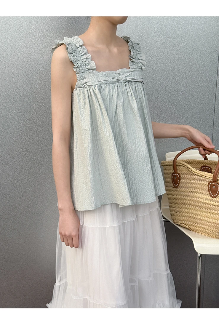 【素简】夏季休闲气质泡泡肌理感气质荷叶边背心上衣女0993