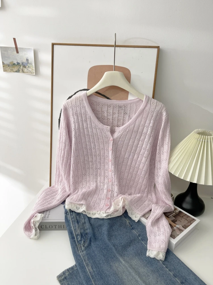 大码女装胖妹妹纯色气质感遮肉防晒长袖夏季新款针织开衫上衣3335