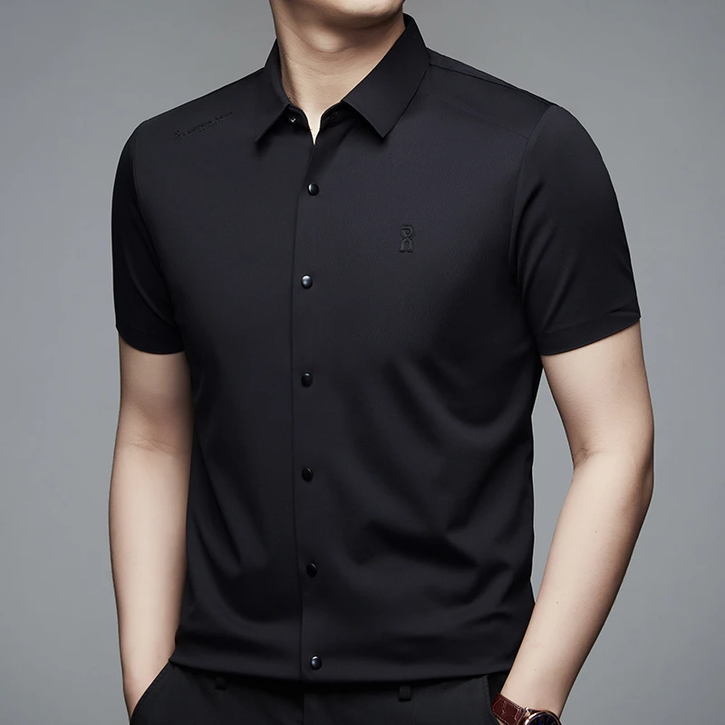 顿奇摩费涅男士短袖衬衫夏季桑蚕丝纯色免烫上衣商务休闲男装衬衣