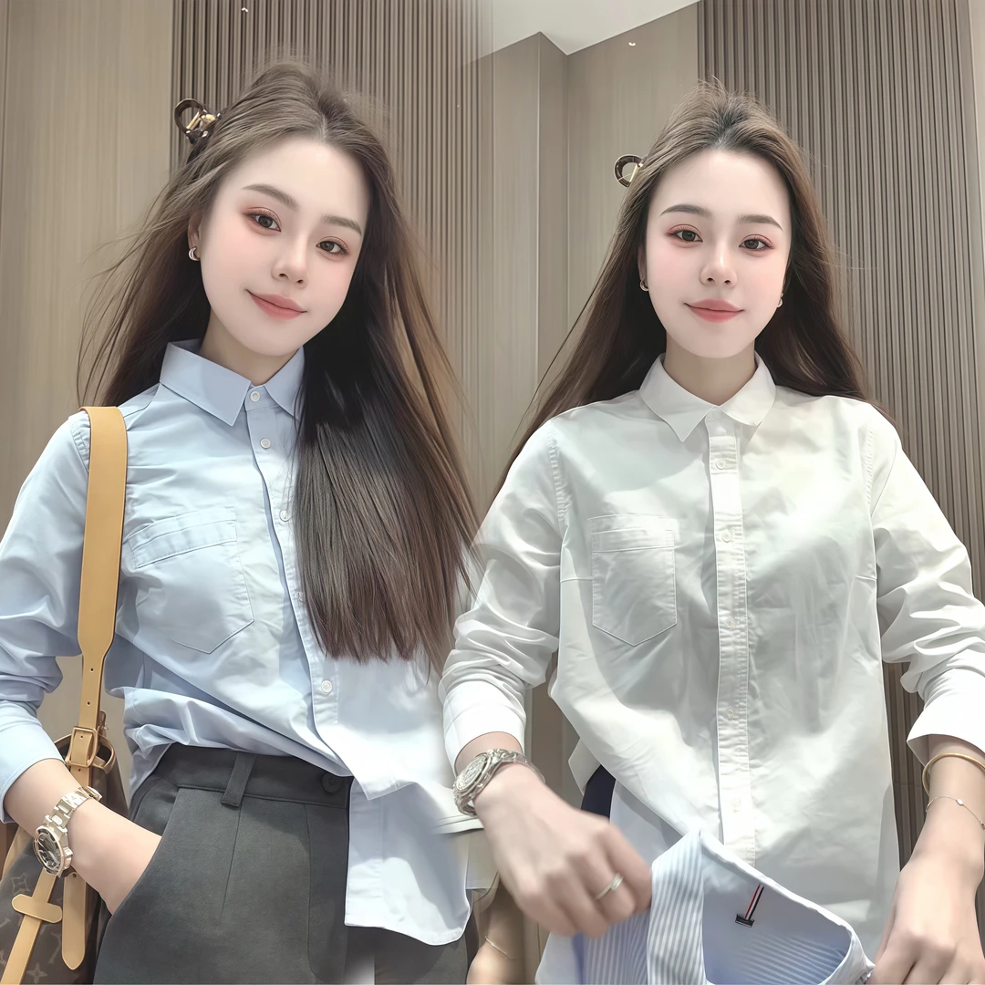 韩系蓝色简约休闲长袖衬衫女冬季新款通勤穿搭白色时尚百搭衬衣潮