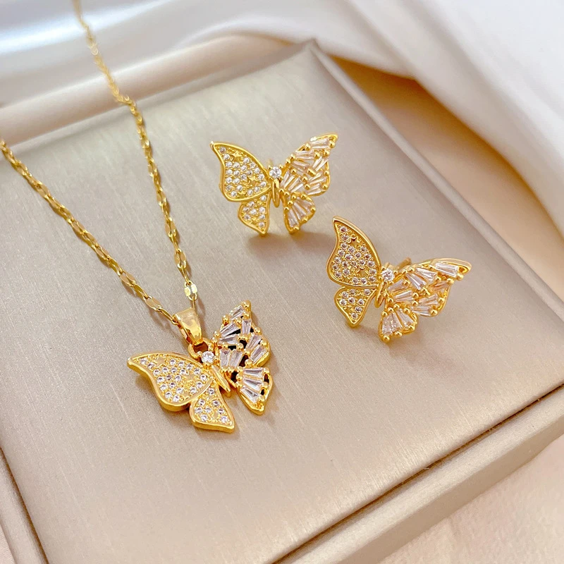 钛钢项链 2025新款蝴蝶微镶项链女 轻奢耳环个性气质宴会耳饰项饰