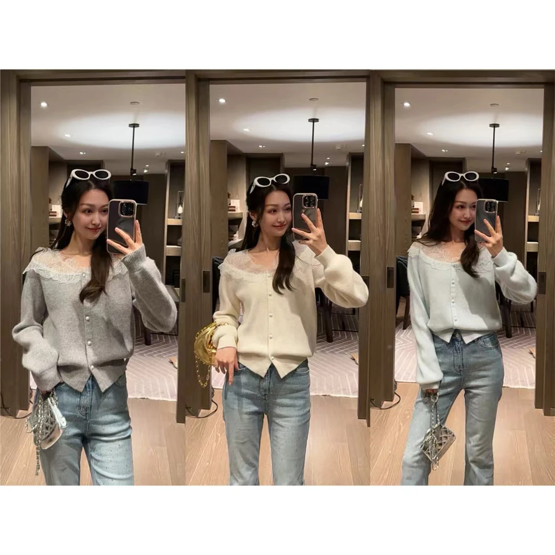 W·HAHA【陌上花开】绵羊毛兔毛软糯蕾丝花针织衫31552