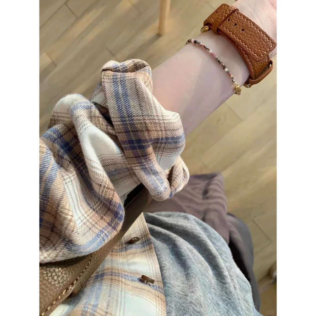 韩系复古咖色磨毛格子衬衫女秋季宽松休闲长袖衬衣外套百搭秋冬