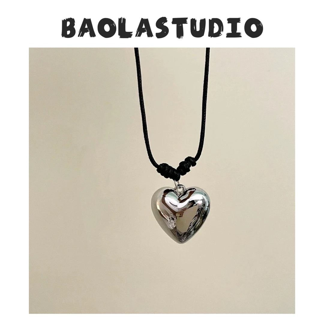 铜合金项链 金属爱心黑绳项链女简约气质百搭ins极简风银色小众