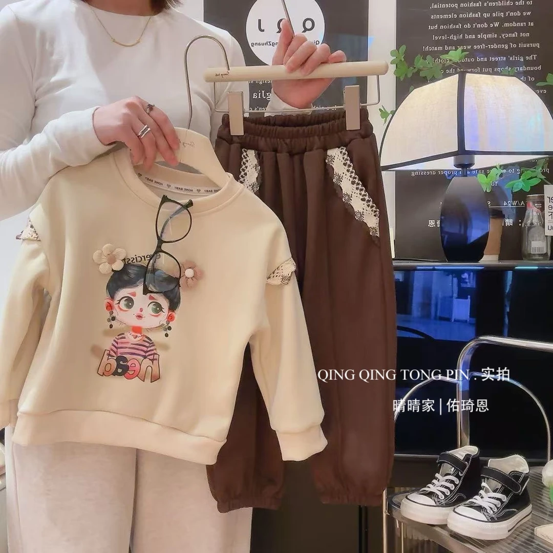 女童洋气花朵女孩花边卫衣卫裤两件套2025春季AYXY新款AYXY059