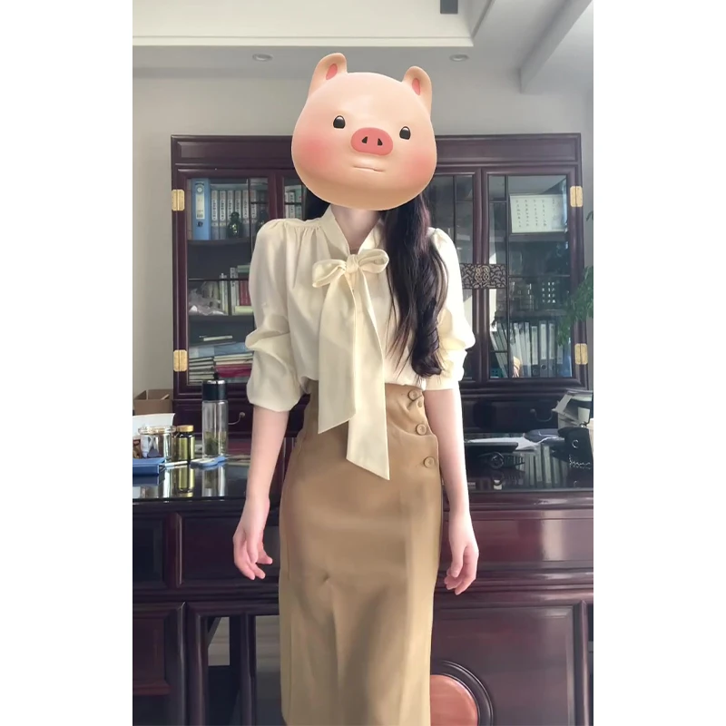 2025秋季新款高级感气质系带显瘦衬衫上衣百搭不规则高腰半身裙