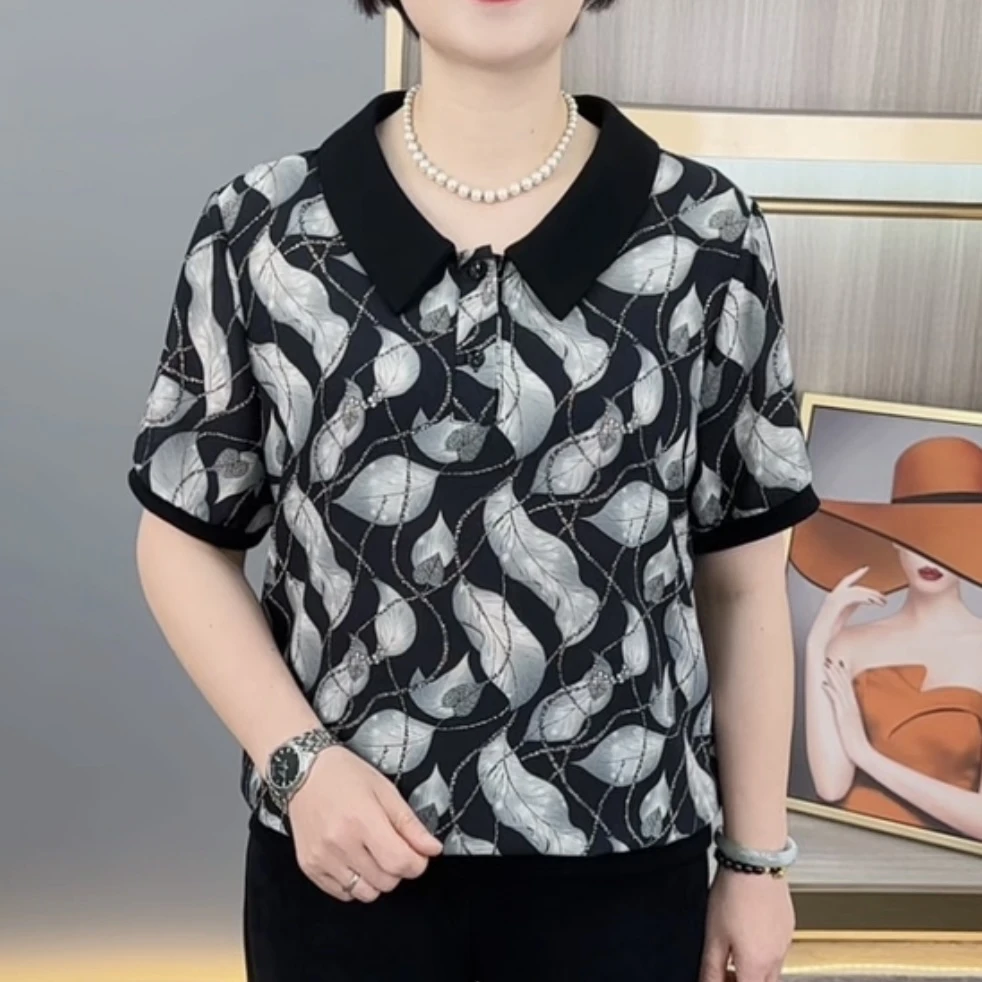 夏季新款精致娃娃领气质妈妈装宽松遮肚显瘦百搭短袖上衣H1325