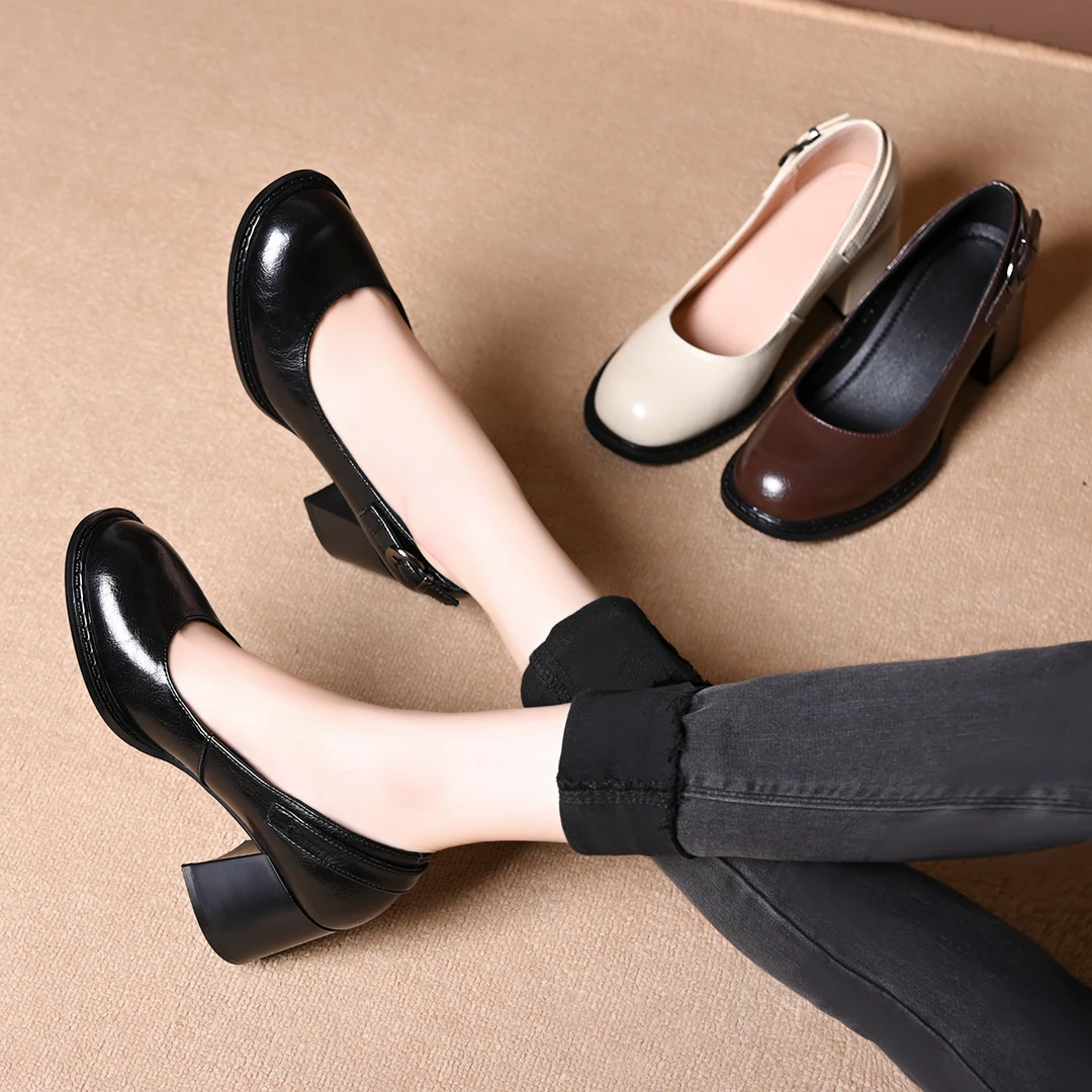 法式复古风圆头粗跟单鞋女2025春秋时尚浅口舒适软底通勤高跟鞋女