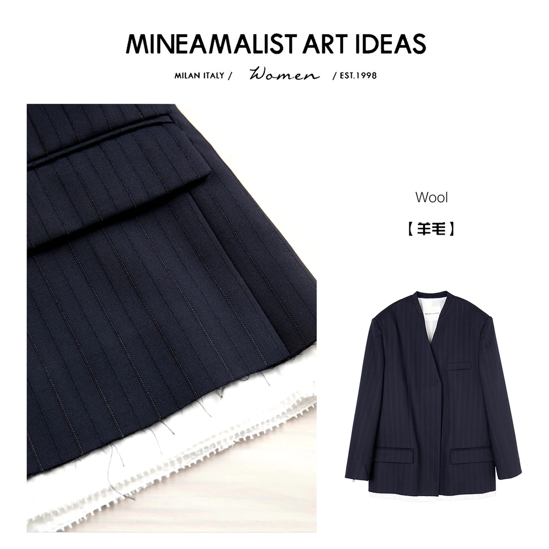 MINEAMALIST ART IDEAS极简无领条纹白边羊毛西服外套ZY1135