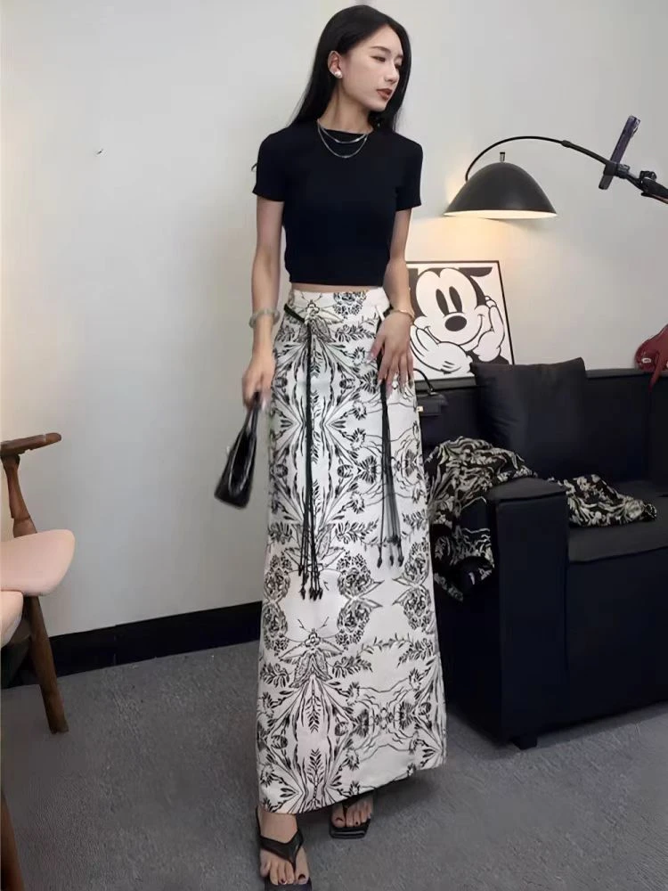 新中式国风提花工艺后开叉半身裙女夏季新款高腰显瘦a字碎花长裙