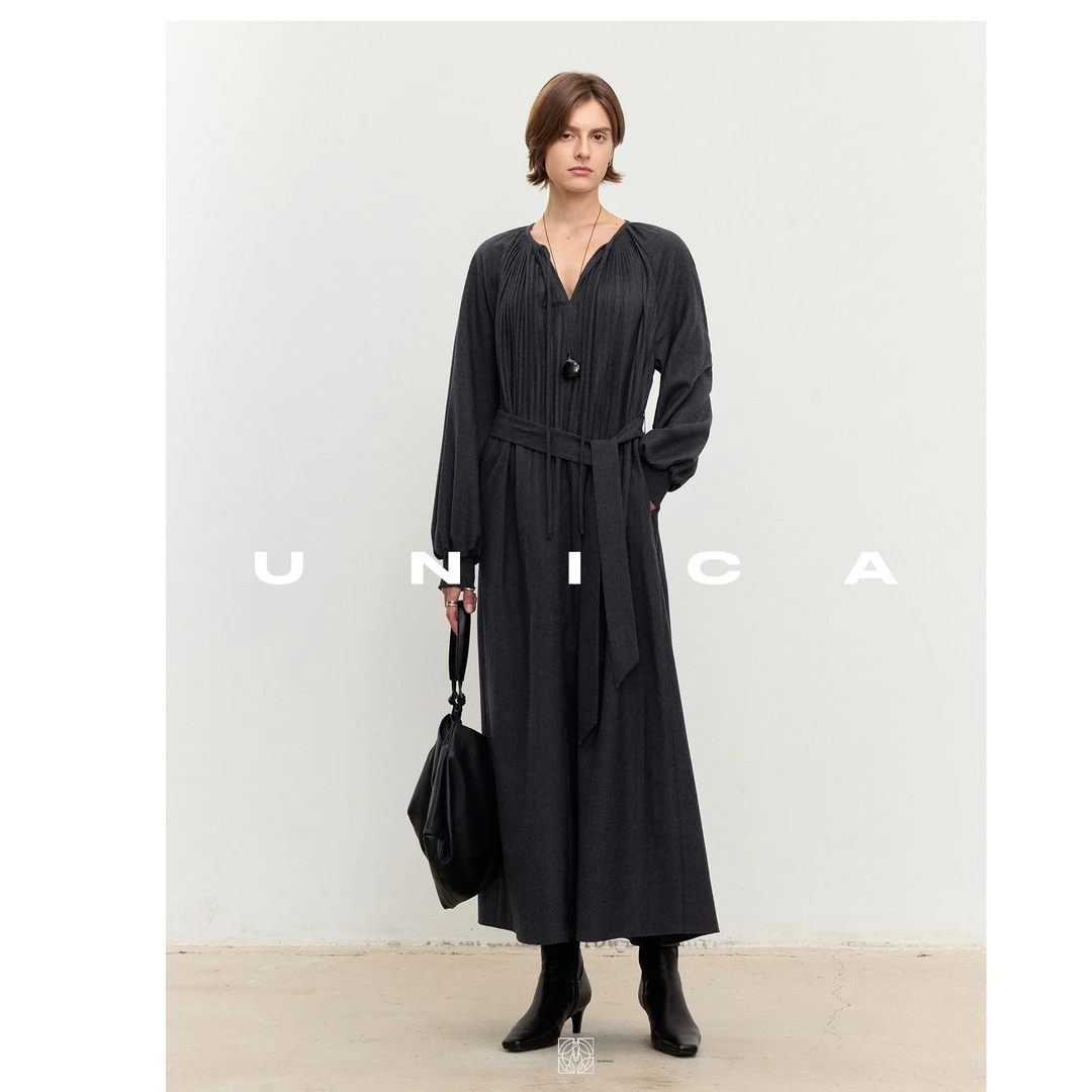 UNICA/重工压褶进口羊毛法兰绒_灵动飘逸灯笼袖腰带连衣裙/衬衫
