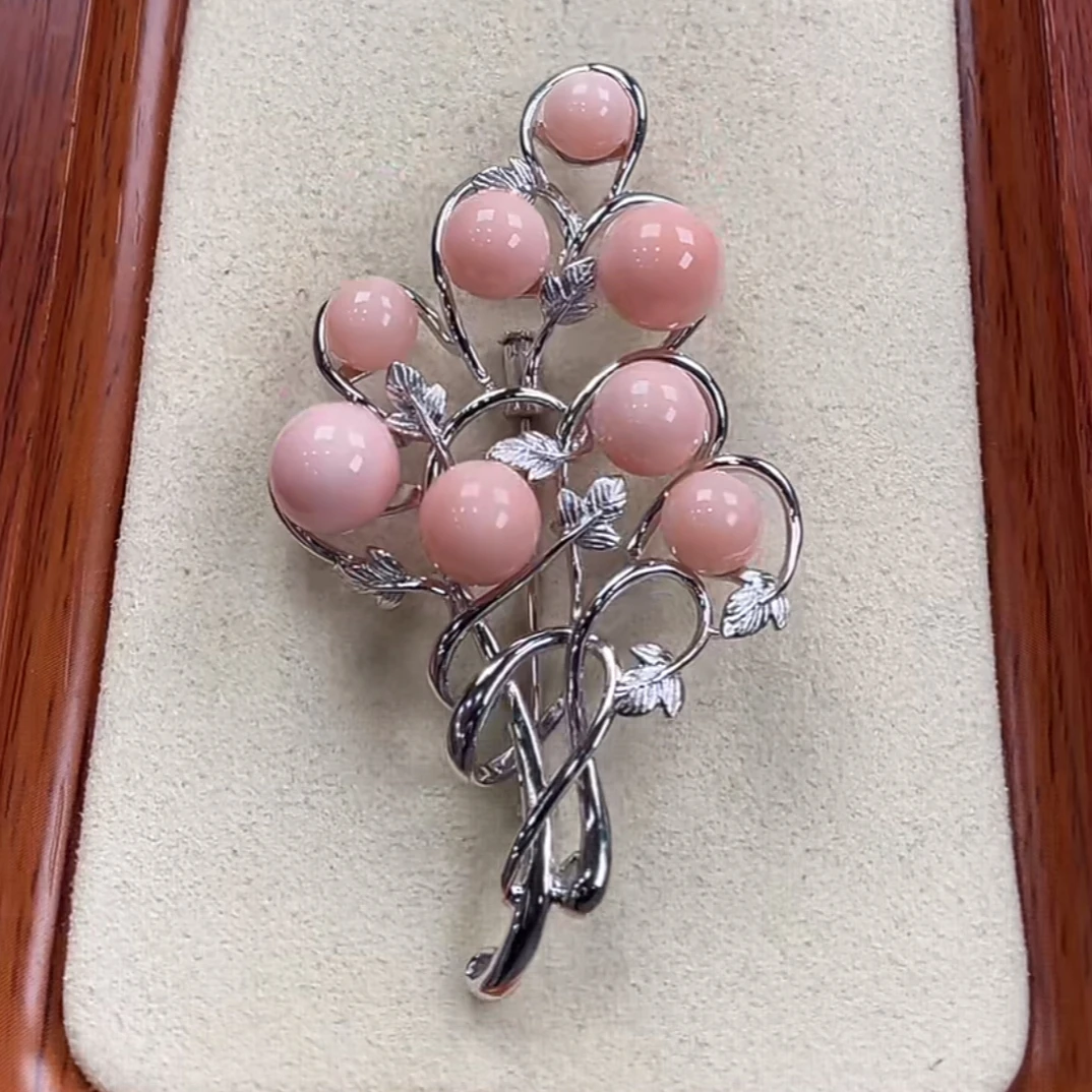 天然红珊瑚粉色925银胸针