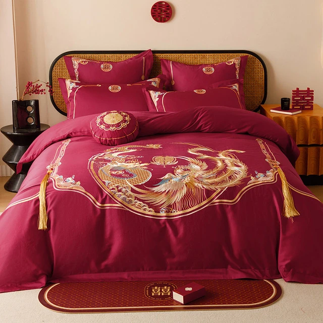国风新中式婚庆长绒棉四件套红色龙凤刺绣结婚被套床上用品夏凉被
