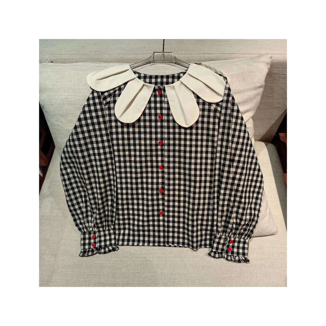 25461835【南庭】精致花瓣领时尚格纹上衣