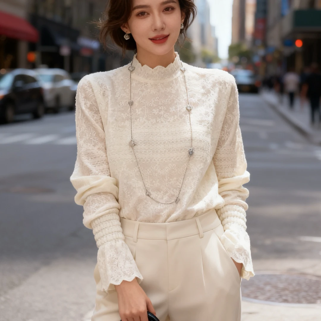 轻职风长袖镂空蕾丝针织衫女2025秋冬新款网红气质百搭毛衣打底衫